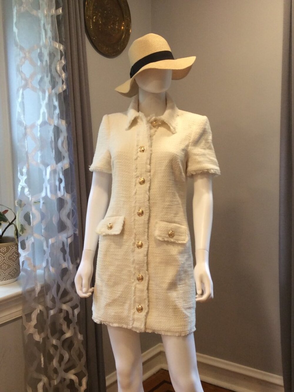Cinq à Sept Ivory Tweed Mini Dress Luxe Gold Button Designer Dress